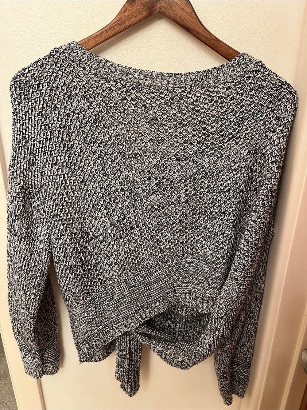 Express Black & White Marled Knit Crewneck Sweater with Back Tie